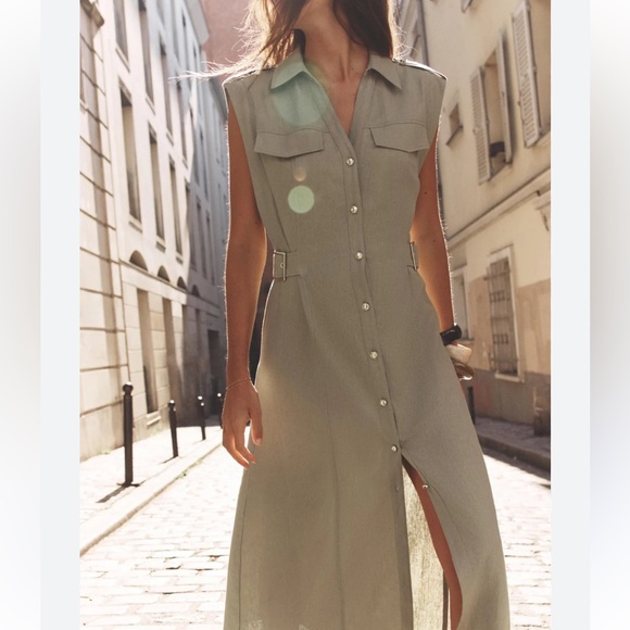 Zara Dresses & Skirts - Zara Sleeveless Button-Front Shirt Dress in Sage Green